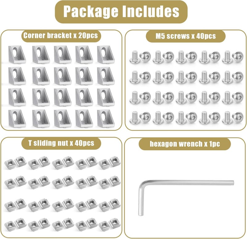 tchrules 20 Set Silver 2020 Series Aluminum Profile Connector Kit, 20pcs Corner Brackets with 40pcs M5 Screw Bolts and T Slide Nuts for 2020 Series Aluminum Profile Rail, T Slot Extrusion Accessories - Image 3